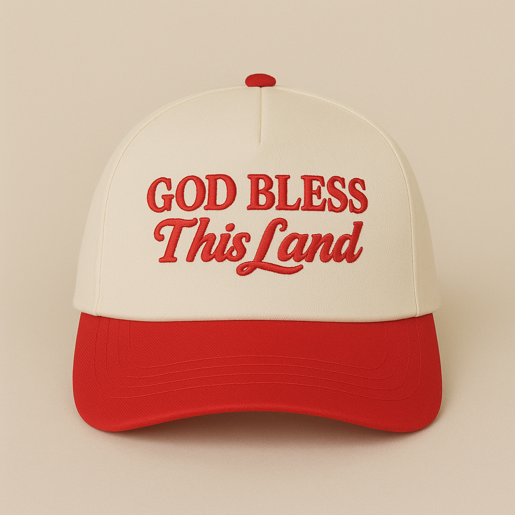 God Bless This Land Hat – Puff Embroidered Patriotic Trucker Cap