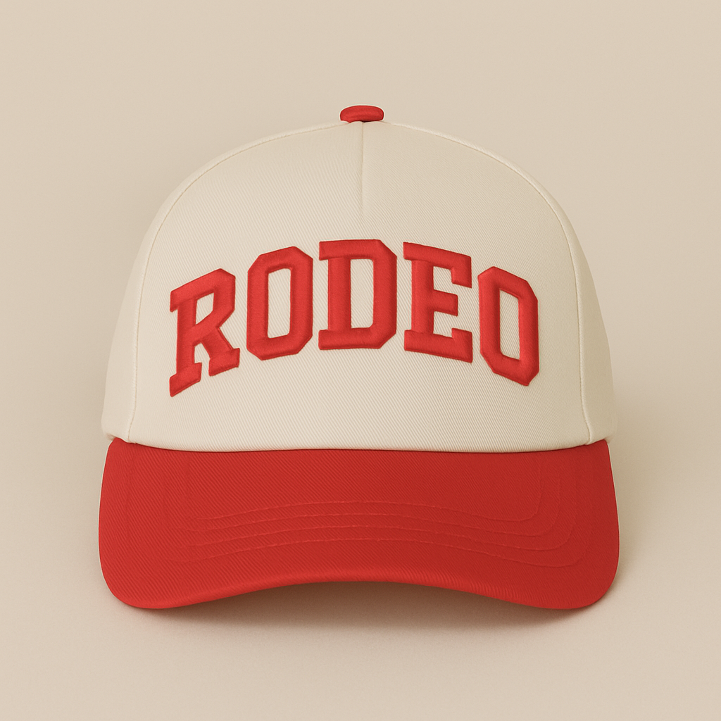 Rodeo Hat – Puff Embroidered Western Trucker Cap (Natural)