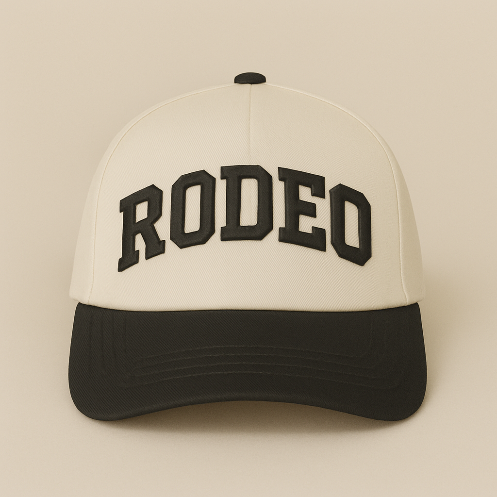 Rodeo Hat – Puff Embroidered Western Trucker Cap (Natural)